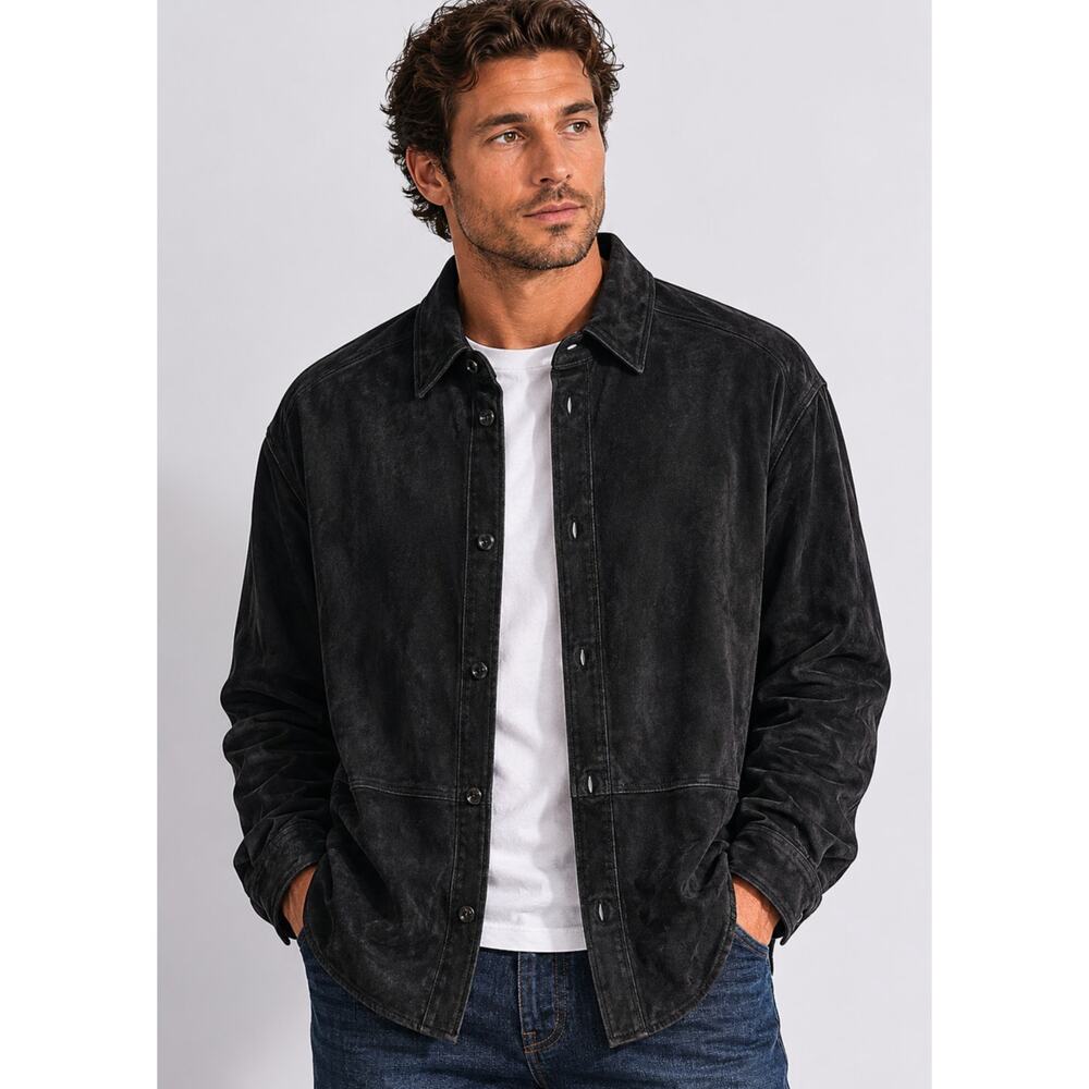 Hugo Boss Goatskin Suede Button Down Shirt Jacket in Black, Size 46R